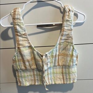 American Eagle Outfitters Green,Tan and Blue Smocked Tie Front Crop Top
